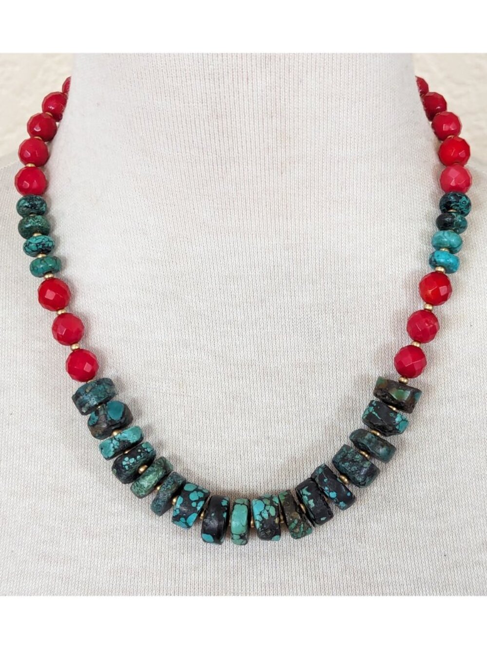 Southwestern Blue Turquoise & Red Coral Strand Statement Necklace